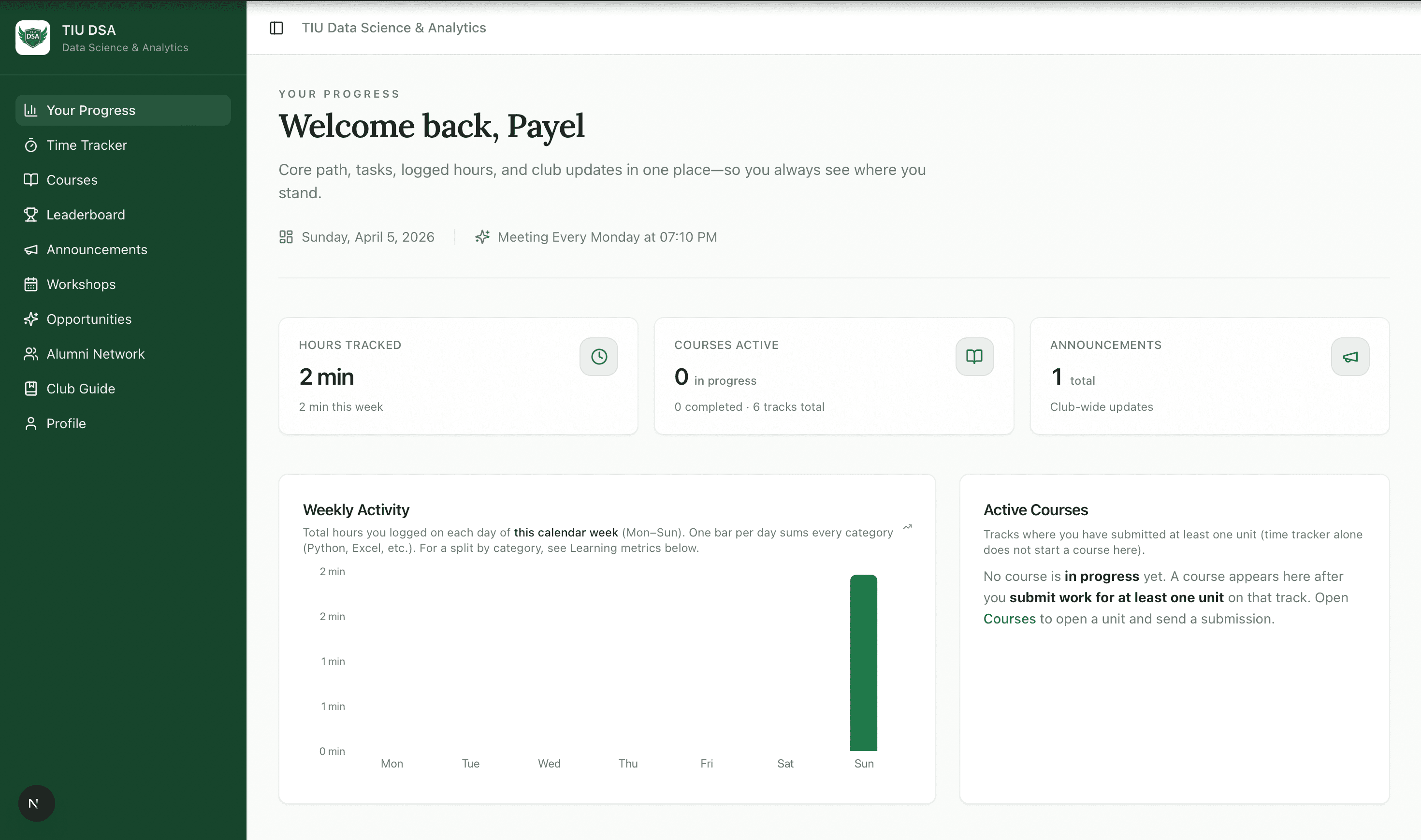 Screenshot of the TIU DSA member dashboard